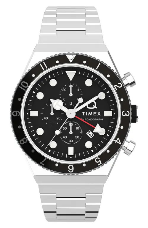 Timex® Q Timex 3-Time Zone Bracelet Chronograph Watch, 40mm in Stainless Steel at Nordstrom | Nordstrom
