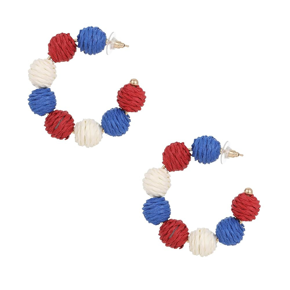 Raffia Hoop Earrings for Women - Boho Colorful Rainbow Beaded Bohemian Statement Rattan Circle Da... | Amazon (US)