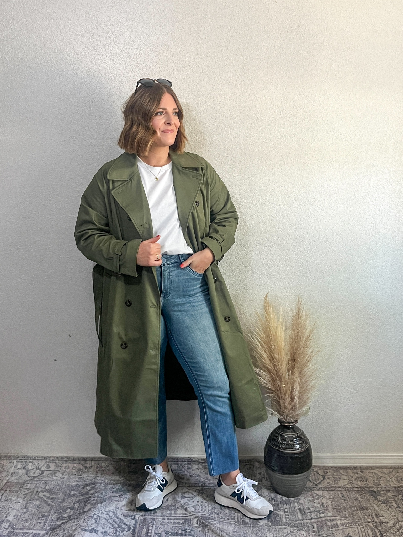Spring casual style// the best white tee! Not see through. This trench coat is a closet staple and the olive green looks so good against neutrals 

M in tee but wish I did L (stay true to size)
Trench coat M (runs big) size down 

#LTKStyleTip #LTKMidsize #LTKFindsUnder50