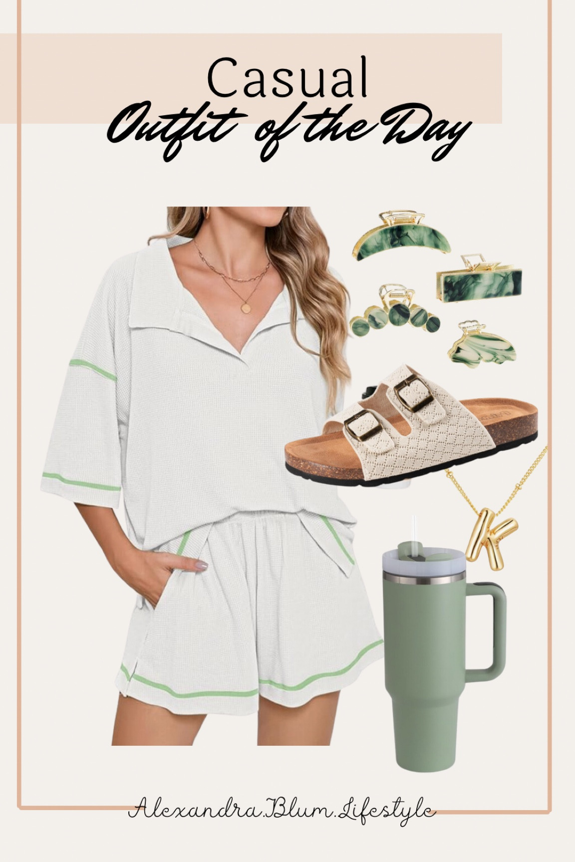Casual outfit of the day from Amazon! Two piece matching lounge set, white cork slide sandals, green hair clips, green tumbler, and gold initial necklace

#LTKFindsUnder50 #LTKSeasonal #LTKShoeCrush