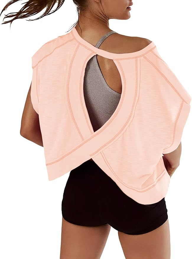 Kumufenc Women Short Sleeve Workout Shirts Open Back Tops Casual Yoga Y2k Athletic Gym Slouchy Cr... | Amazon (US)
