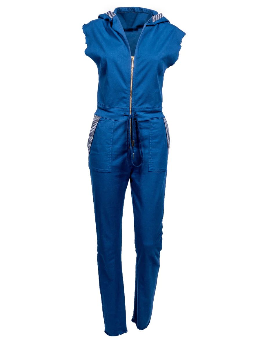 The Carly Hooded Denim Jumpsuit in Poseidon Blue | La Peony Clothing