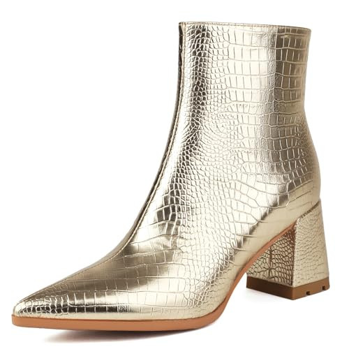 XIANGZU Women's Gold Boots Metallic Pointed Toe Block Chunky Heel Ankle Booties (6.5, Gold B) | Amazon (US)