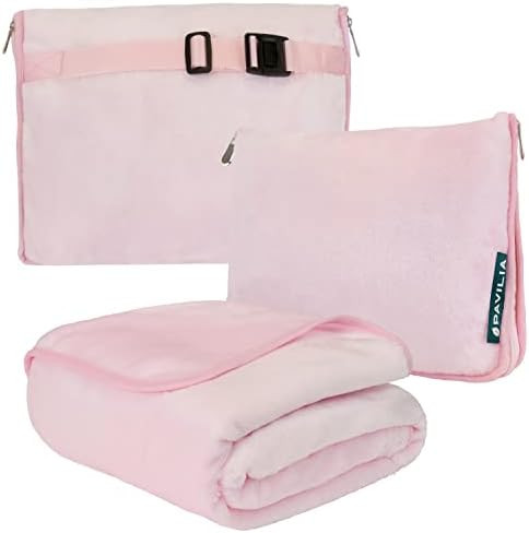 PAVILIA Travel Blanket and Pillow, Dual Zippers, Clip On Strap, Warm Soft Fleece 2-in-1 Combo Bla... | Amazon (US)