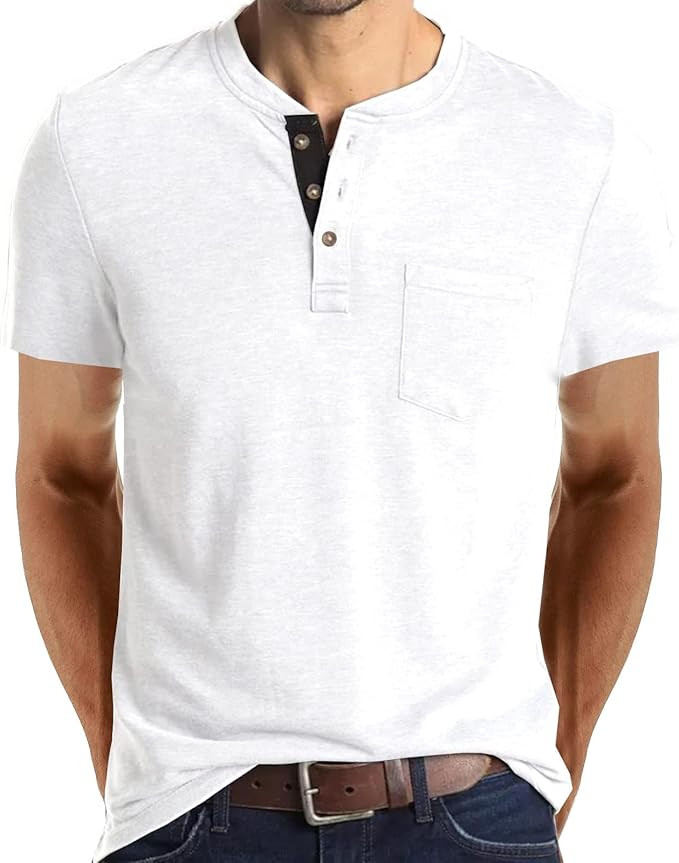 Mens Casual Short Sleeve Cotton Henley Shirts Fashion Breathable Button T Shirts with Pocket Fit ... | Amazon (US)