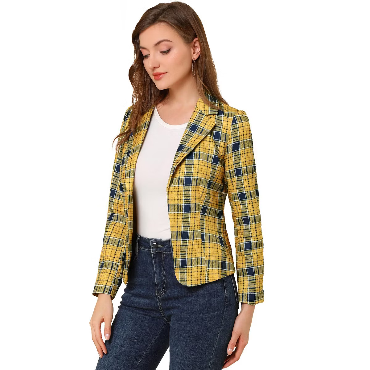 INSPIRE CHIC Women's Notched Lapel Open Front Business Casual Blazer Large Yellow-Plaid | Target