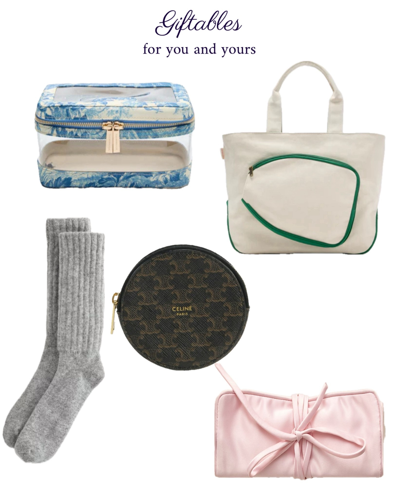 Giftables for you and yours ✨ If we’re exchanging gifts, you’re probably getting these cashmere socks from me. The travel jewelry roll is a great one too 

holiday gift giving presents Christmas hannukkah gift guide tennis bag purse Celine toiletry bag cosmetic case 

#LTKHoliday #LTKHome #LTKGiftGuide