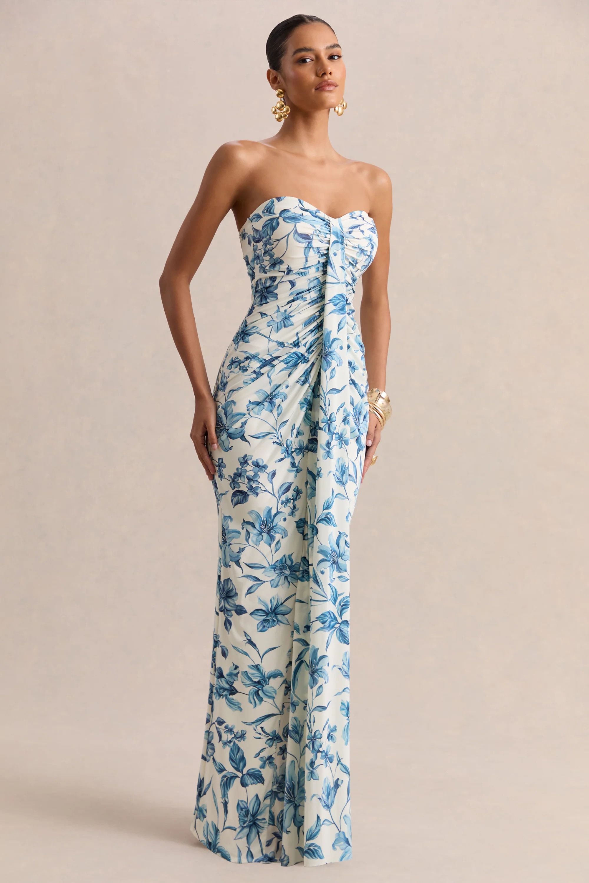 Ali | Blue Porcelain Print Sweetheart Ruched Wrap Maxi Dress | Club L London