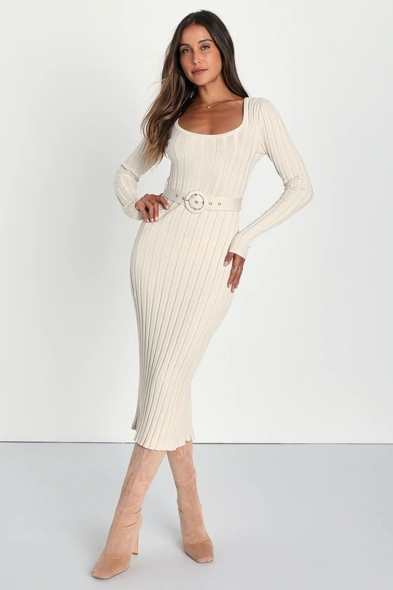 Fashionably Dedicated Cream Belted Midi Sweater Dress | Lulus (US)