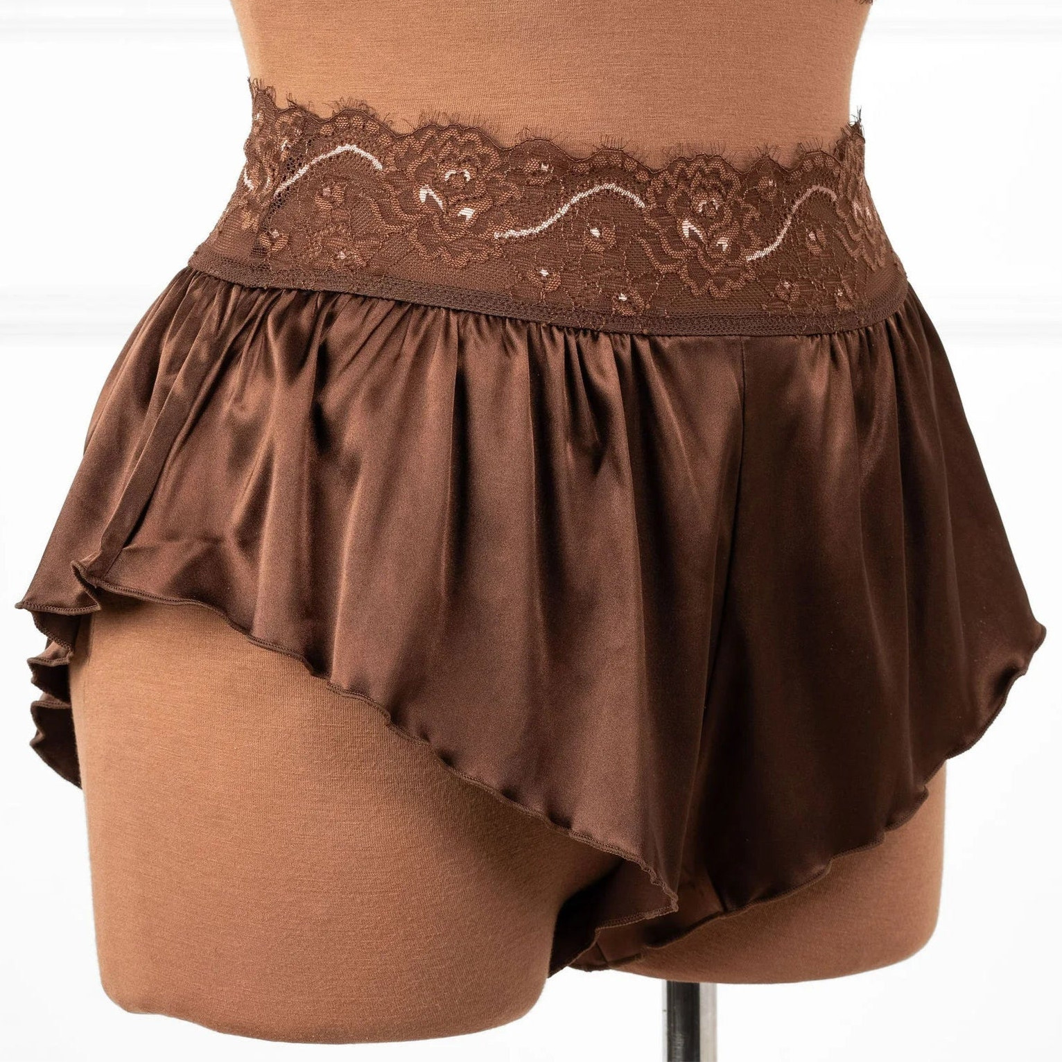 High Waist Lacy Satin Tap Shorts - Chocolate | Mentionables