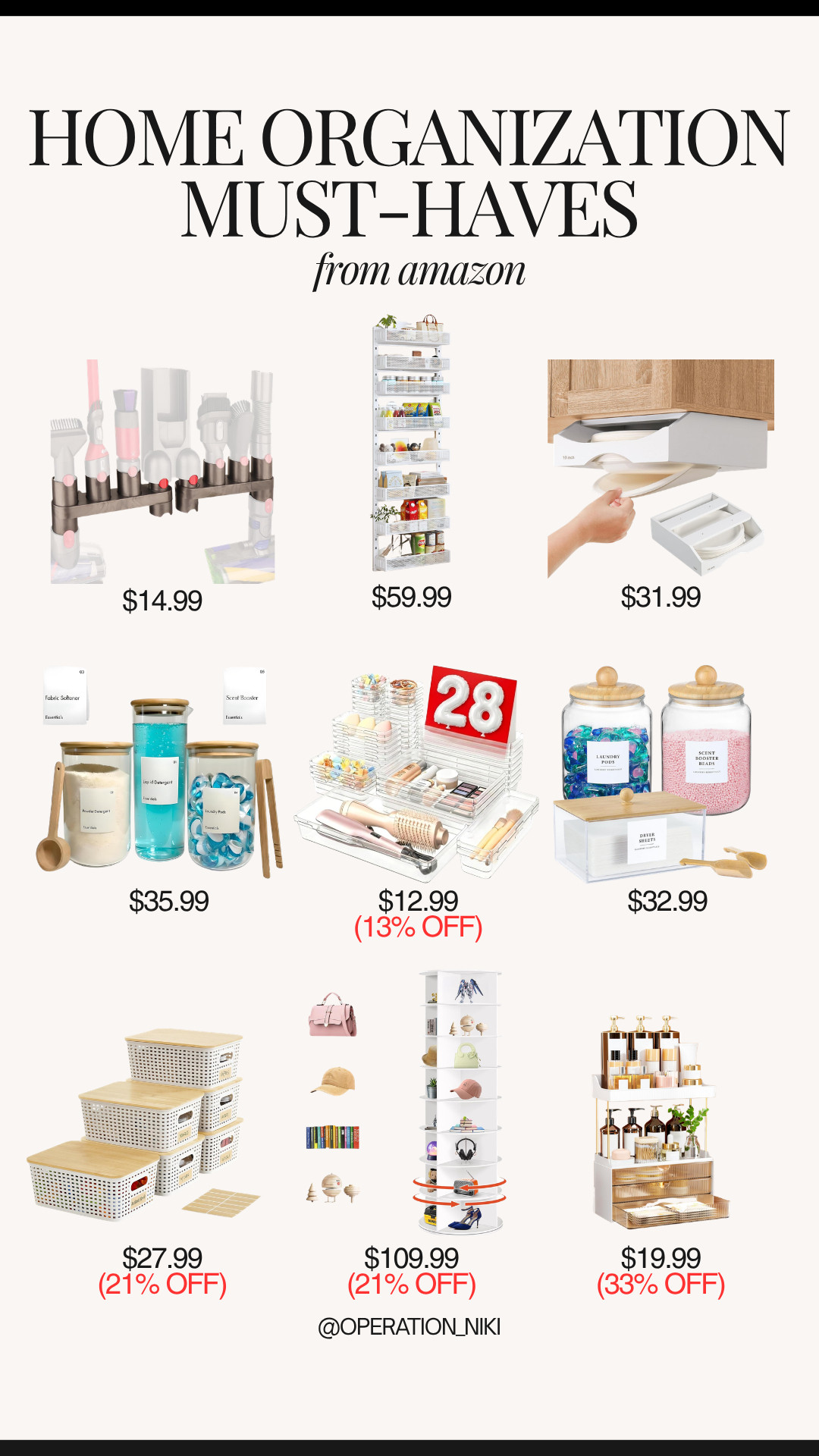 Getting your home completely organized feels so satisfying when you have the right storage tools! ✨

This lineup features my top Amazon home organization must-haves: hair tool wall mounts, over-the-door pantry racks, under-cabinet paper plate dispensers, glass laundry storage jars, clear drawer organizers, woven storage bins with wooden lids, rotating display towers, and two-tier bathroom countertop organizers.

Shop all these home organization favorites linked below! 🛒

Follow for more @OPERATION_NIKI on IG, TikTok, & Facebook

#AmazonFinds #HomeOrganization #OrganizedHome #OperationNiki #AmazonHome #StorageSolutions #HomeEssentials #Decluttering #ShoppingHaul 

 #LTKHome