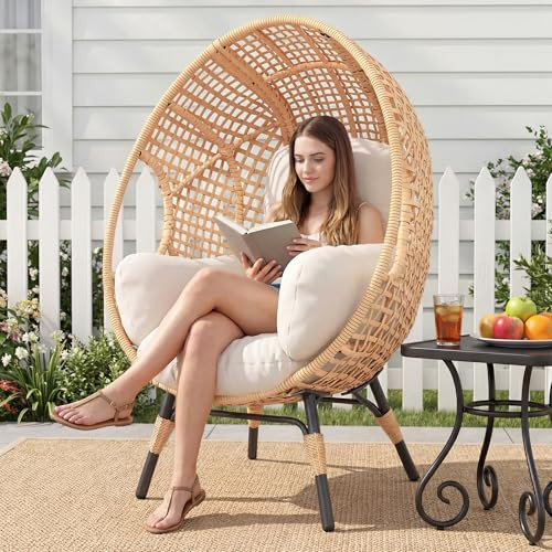 CHINNLUU Outdoor Wicker Egg Chair Indoor Patio Egg Chairs Oversized Egg Lounge Chair Cozy Boho Style Basket Chair with Cushion 500lbs Capacity for Bedroom Garden Backyard Balcony | Amazon (US)