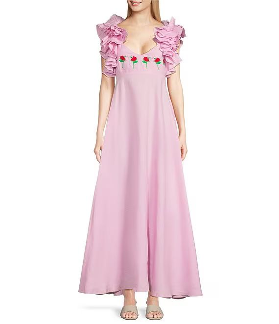 Fanm Mon Demre Ruffle Sleeve Rose Embroidery Linen V-Neck Empire Waist Maxi Dress | Dillard's | Dillard's