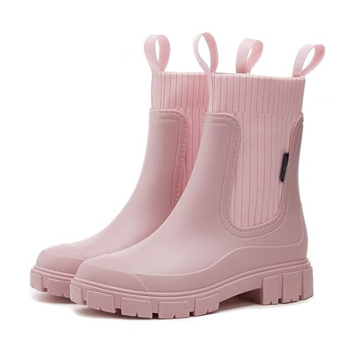SIYAKE Women's Waterproof Lug Sole Chelsea Ankle Boots fashion slip-on Platform Chunky Heel Combat booties Casual Comfortable non-slip outdoor work Rain shoes Boots (Pink,numeric_5) | Amazon (US)