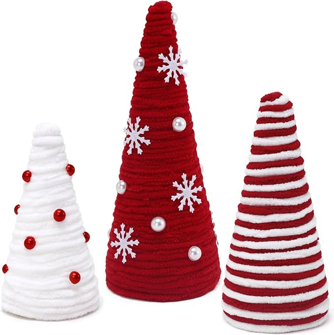 Huray Rayho 3 PCS Christmas Table Decorations Mini Christmas Trees Yarn Trees Red and White Farmh... | Amazon (US)