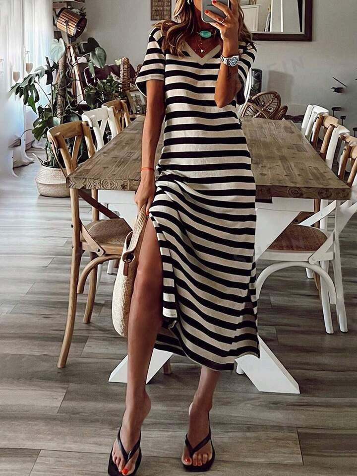 SHEIN EZwear Striped Print Split Thigh Tee Dress | SHEIN USA | SHEIN