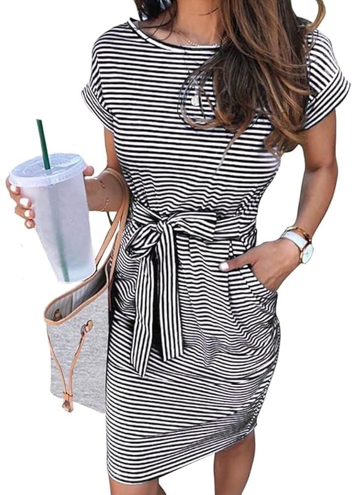 Women's Causal Summer T Shirt Dress Tie Waist Work Dresses with Pockets | Amazon (US)