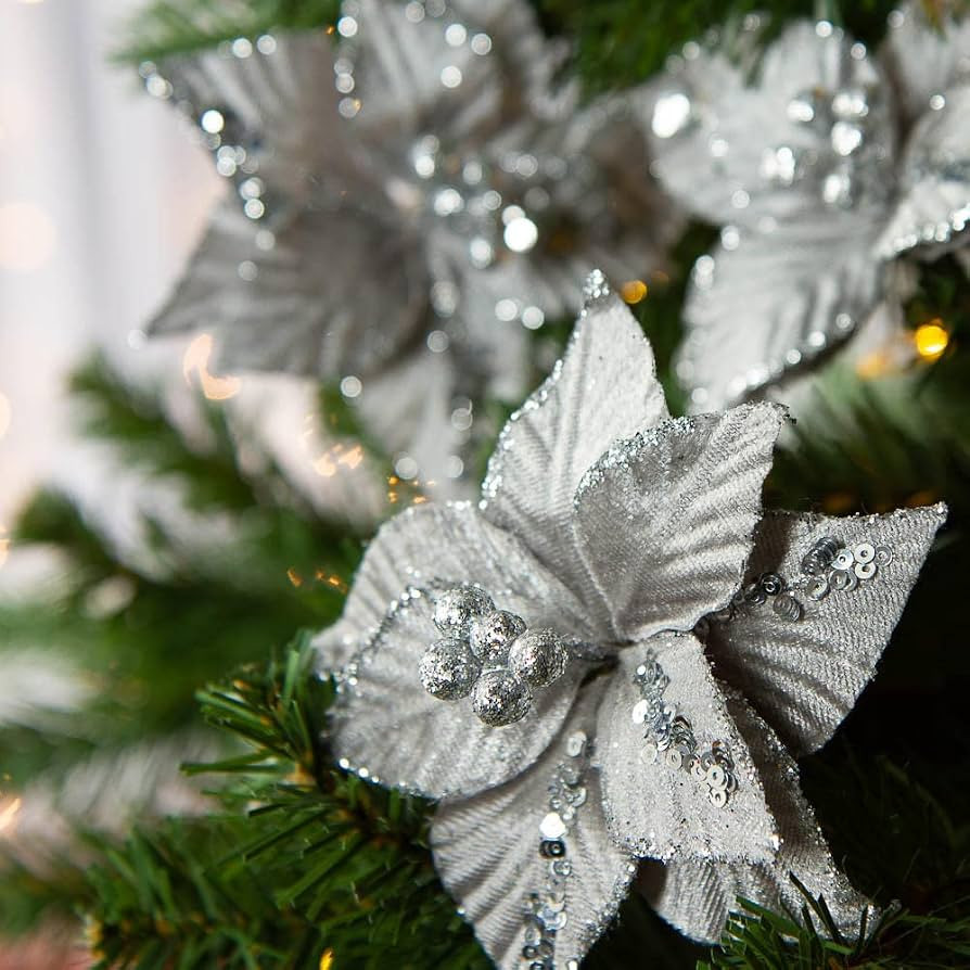 Silver Velveteen Poinsettia Picks - Pack of 12 Artificial Poinsettia Christmas Flowers Accented w... | Amazon (US)