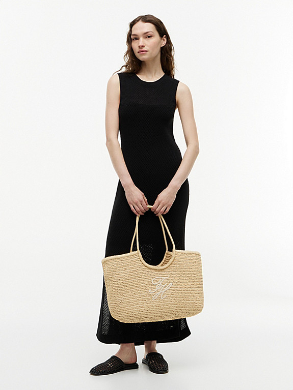 Raffia Textured Logo Tote Bag | Beige | Tommy Hilfiger | Tommy Hilfiger UK