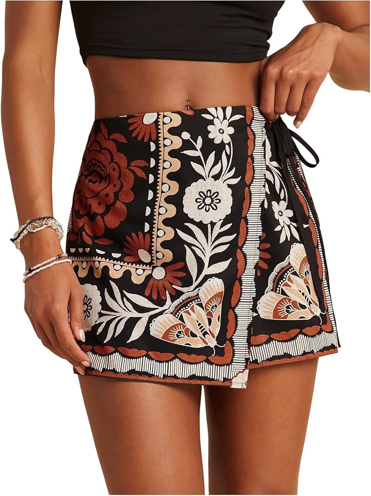 SweatyRocks Women's Boho Mini Skirts Floral Shorts Tie Side Wrap Skorts | Amazon (US)