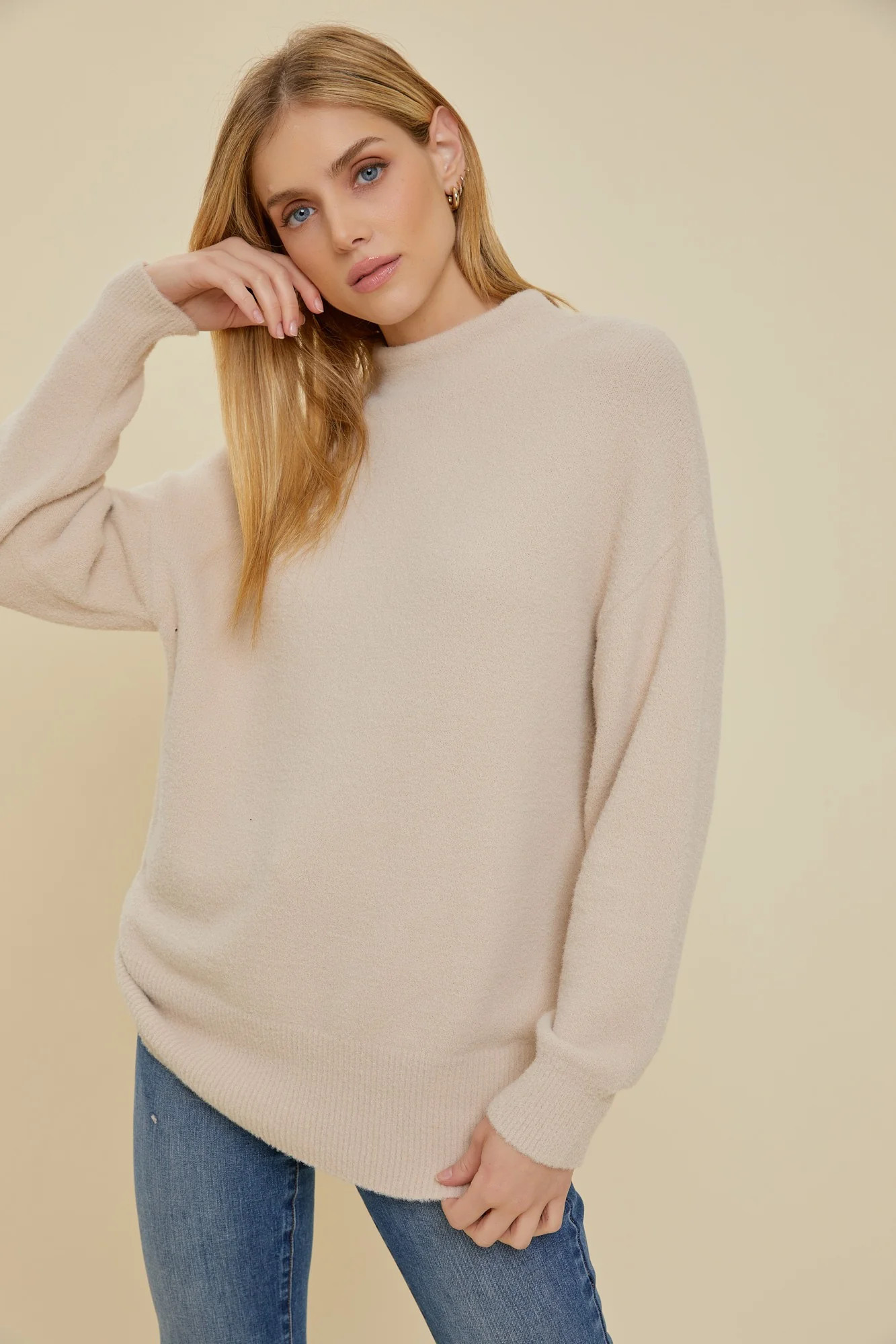 Beige Fuzzy Knit Mock Neck Sweater | PinkBlush Maternity