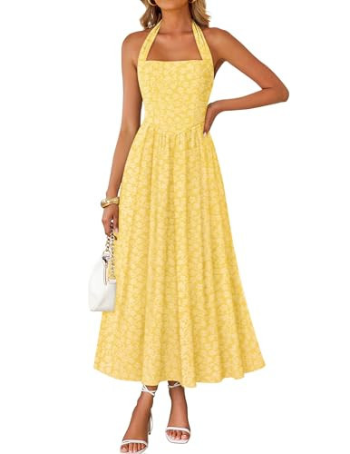 ZESICA Women's Summer Sleeveless Floral Maxi Dresses 2026 Halter Neck Flowy A Line Formal Cocktail Wedding Guest Long Dress Light Yellow Medium | Amazon (US)
