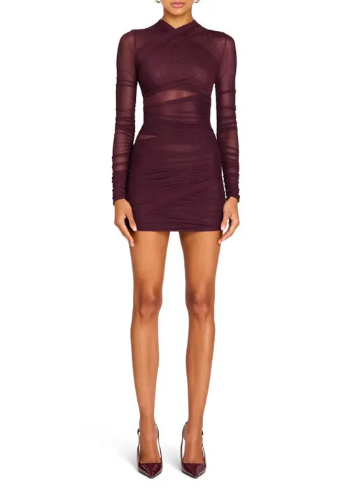 SER.O.YA Moxey Ruched Mesh Mini Dress in Merlot at Nordstrom, Size Xx-Small | Nordstrom