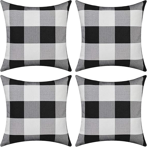 SEEKSEE Set of 4 Farmhouse Buffalo Check Plaid Throw Pillow Covers Cotton Linen Black & White Pla... | Amazon (US)