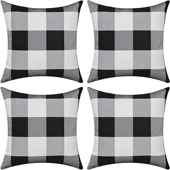 SEEKSEE Set of 4 Farmhouse Buffalo Check Plaid Throw Pillow Covers Cotton Linen Black & White Pla... | Amazon (US)