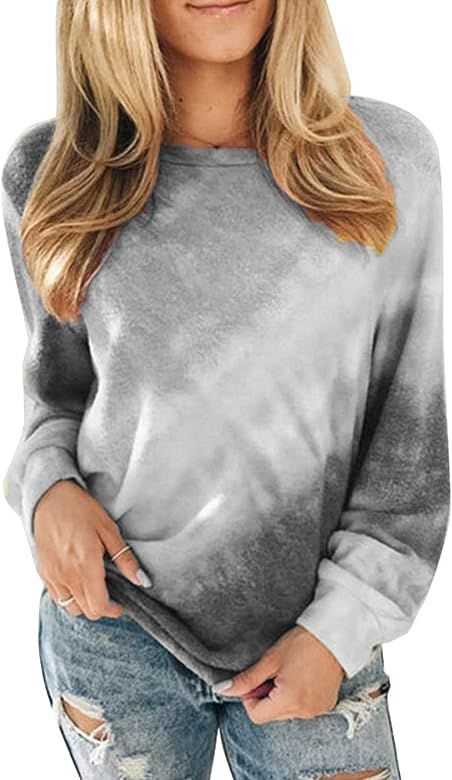Women's Casual Color Block Tie Dye Crewneck Long Sleeve Loose Pullover Sweatshirt Tops | Amazon (US)