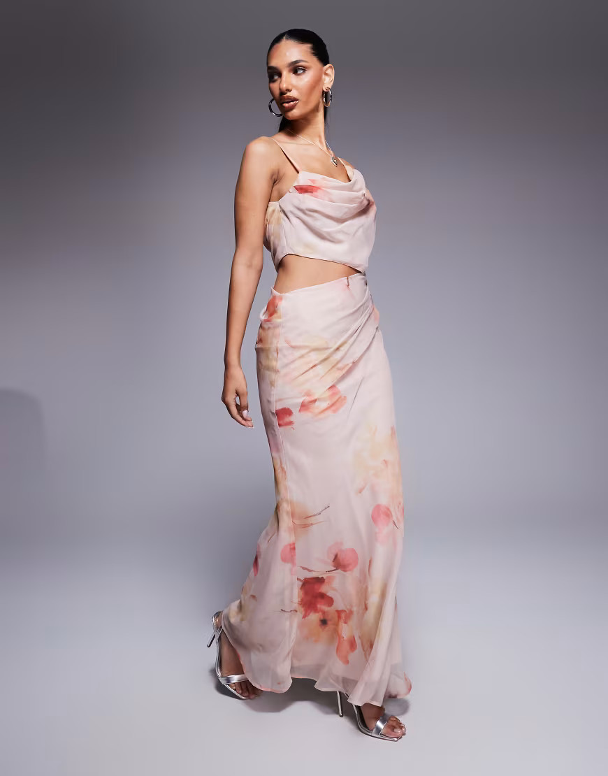 ASOS DESIGN asymmetric drape cut out maxi dress in soft pink floral pink-Multi | ASOS (Global)