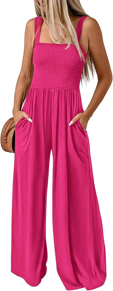 KIRUNDO Womens Jumpsuit 2024 Summer Casual Loose One Piece Overalls Smocked Sleeveless Wide Leg R... | Amazon (US)