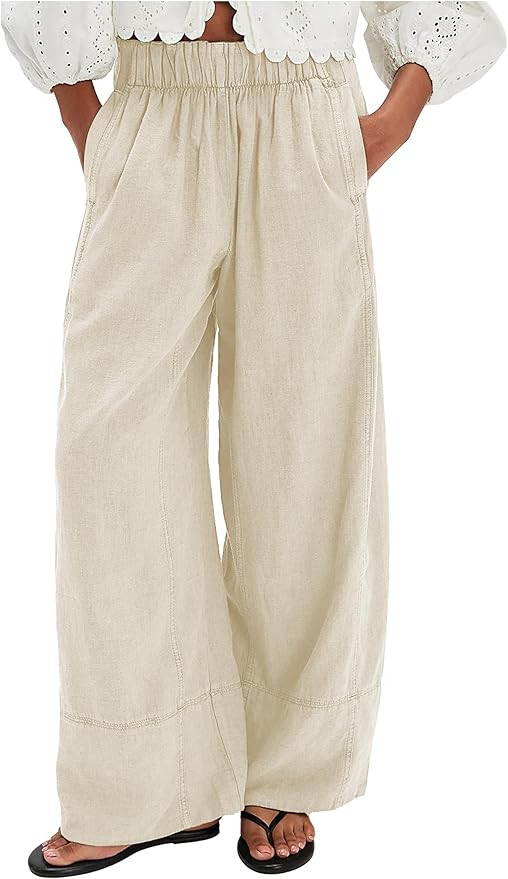 Womens Casual Cotton Wide Leg Pants Elastic Waist Summer Boho Palazzo Beach Vacation Trousers Poc... | Amazon (US)