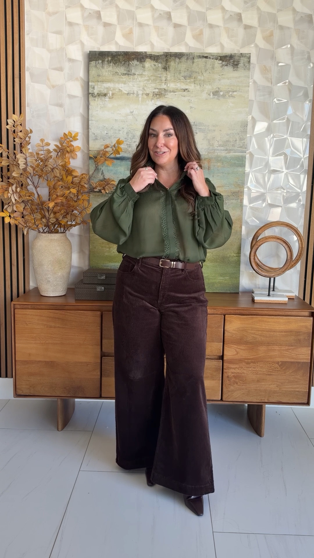 Olive lace blouse + chocolate corduroy wide-leg pants 🍂 The fall color combo I keep reaching for! The blouse has the prettiest lace but it is sherr so add a cami and the cords are so flattering and cozy 🤎

Sizing: Blouse TTS, L | Pants TTS, L