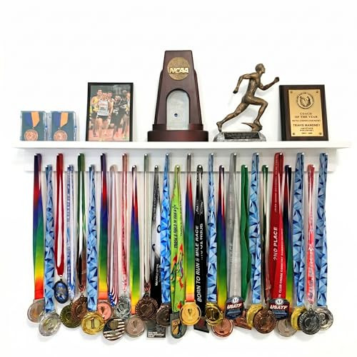 3ft Medal Hanger Display for Wall — Trophy Shelf with Hooks for Medals — 36" Solid Wood — Holds 30+ Medals + Cased Medals for Running, Gymnastics, Cheer, Karate — White- Medal Awards Rack | Amazon (US)