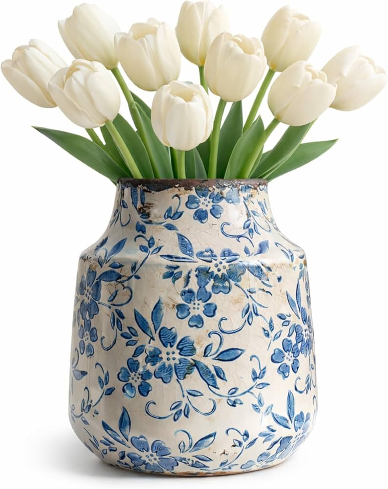 Blue and White Ceramic Vase 7” – Vintage Floral Pottery Vase with Crackle Glaze For Greenery,... | Amazon (US)