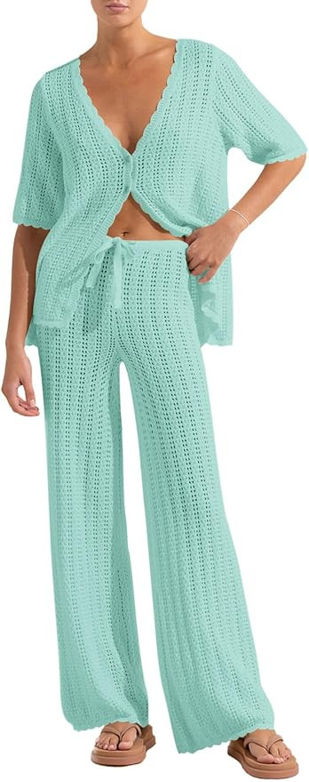 Imily Bela Women's Summer 2 Piece Swimsuit Cover up Crochet Knit Cardigan Tops Long Pants Set Bat... | Amazon (US)