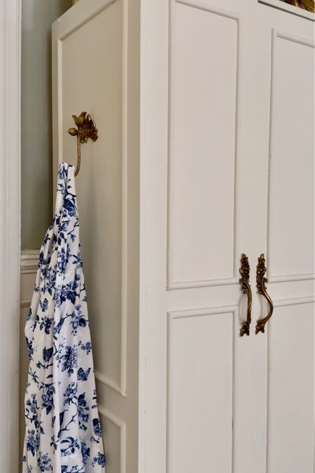 Blue and white floral, satin robe, brass towel hook, antique cabinet pulls 

#LTKhome