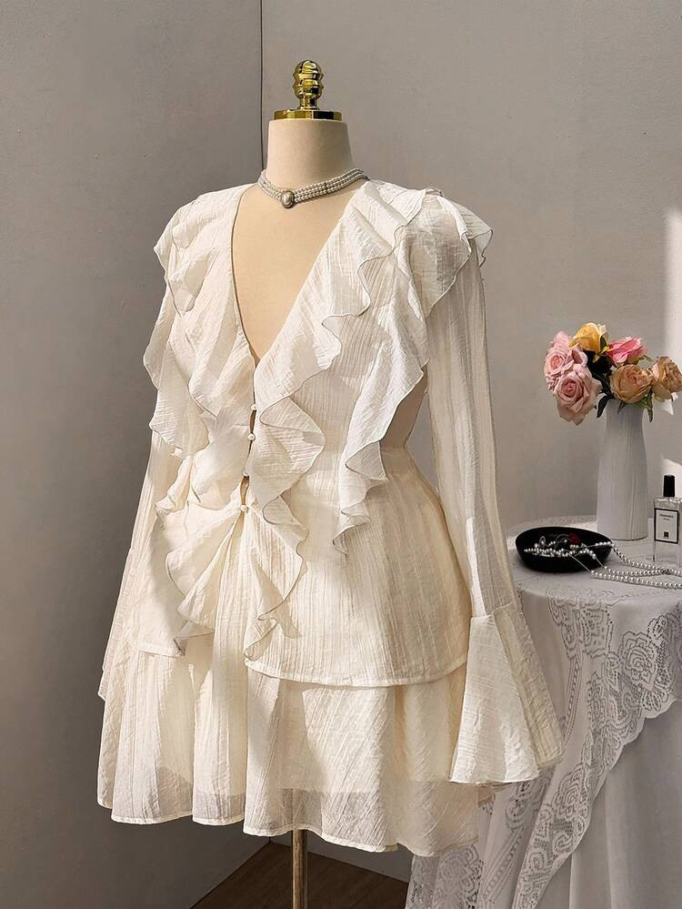 Ceyna Plus Size Ruffle Trim Bell Sleeve Elegant Two Pieces Set Fall Cloth For Women | SHEIN