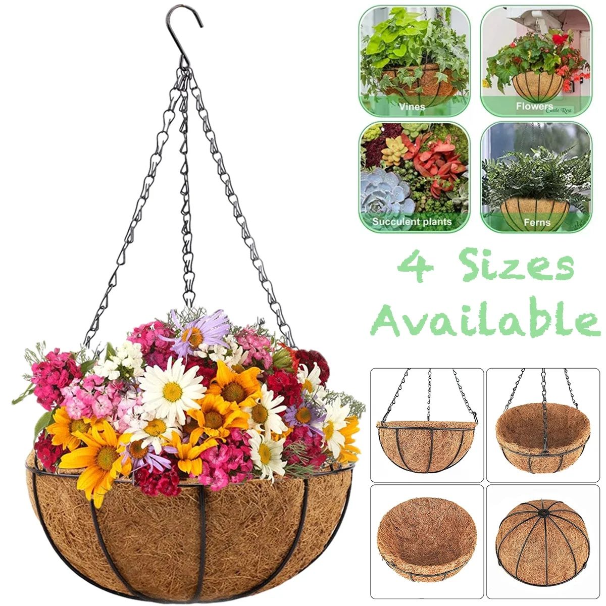 Metal Hanging Planters Basket Hanging Flower Pots with Chain Round Wire Plant Holder with Coco Co... | Walmart (US)