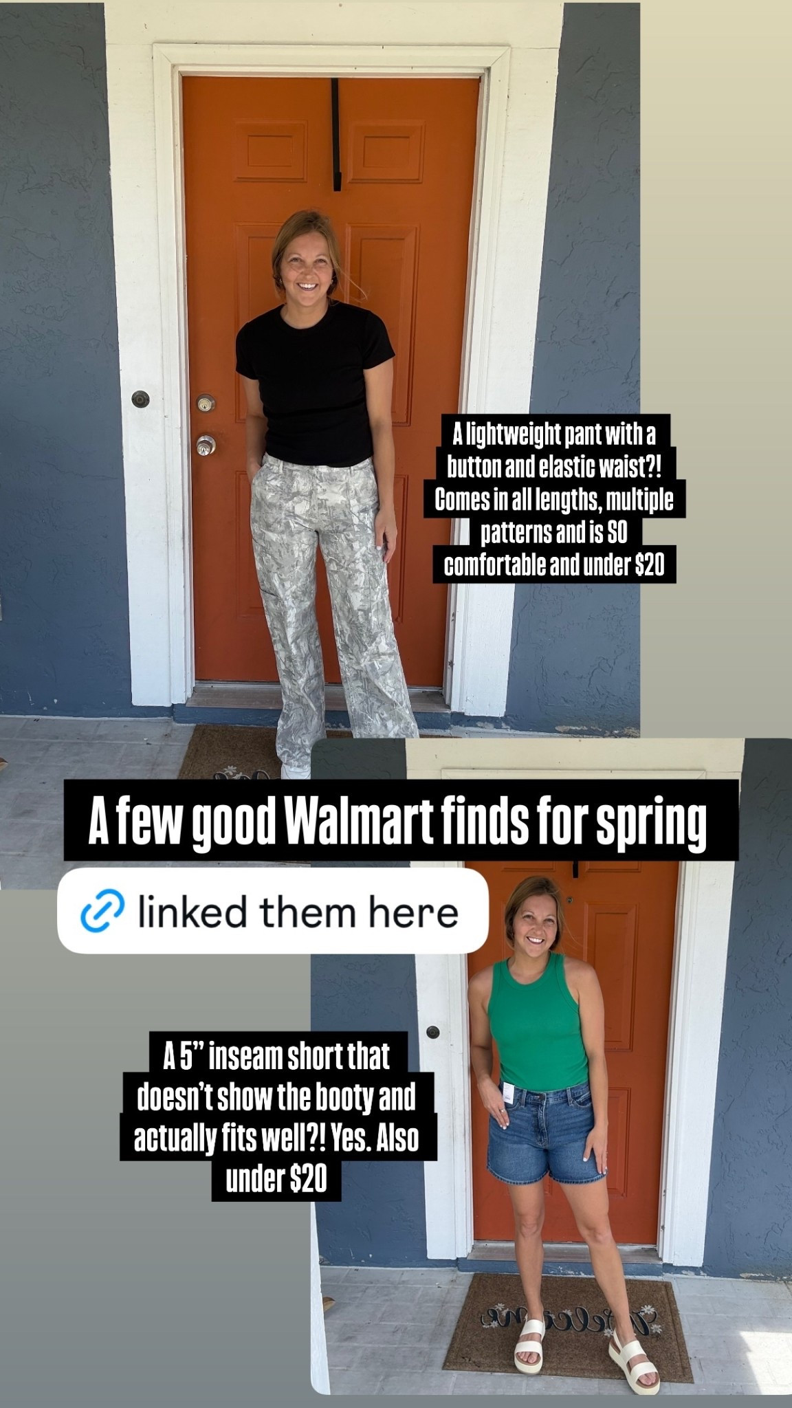 A few good Walmart finds for spring  A lightweight pant with a button and elastic waist?! Comes in all lengths, multiple patterns and is SO comfortable and under $20 A 5” inseam short that doesn’t show the booty and actually fits well?! Yes. Also under $20