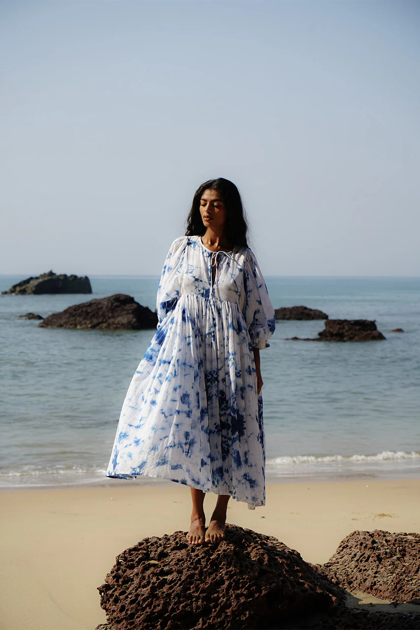 Kyra Midi Dress ~ Deep Sea | Hand Tie Dye Cotton Dress | Daughters of India