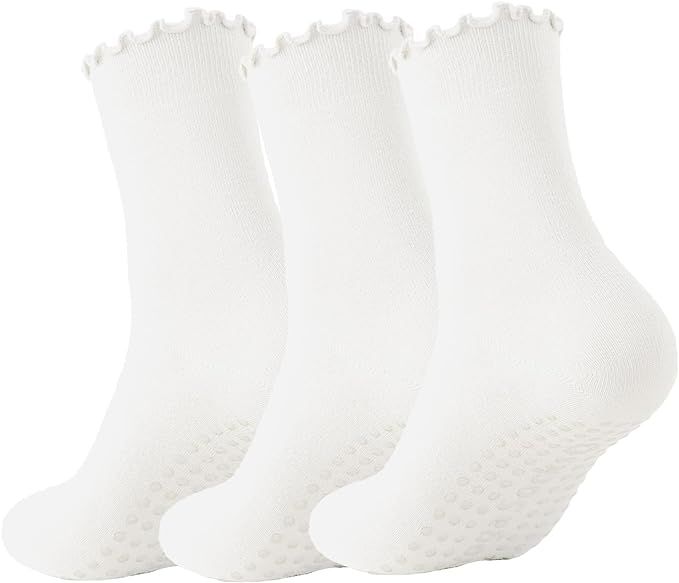 3 Pairs Pilates Socks with Grips Non-slip Ruffle Yoga Socks Grip Socks for Women | Amazon (US)