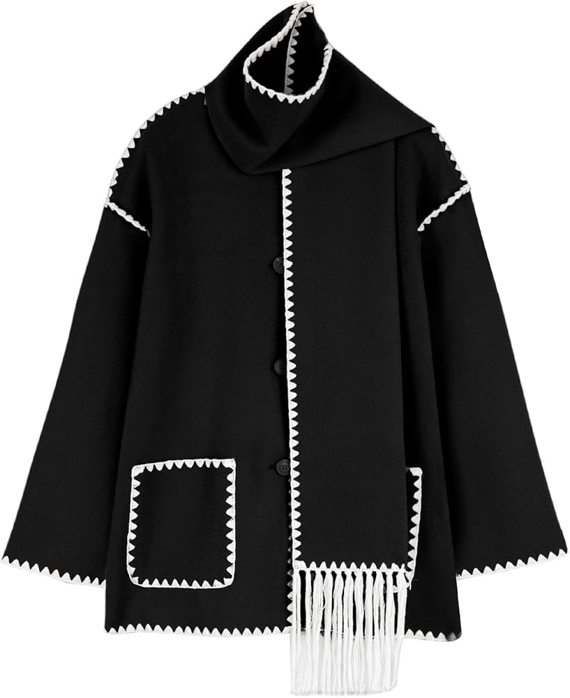 Yimoon Chaqueta tipo bufanda bordada para mujer, de gran tamaño, con botones, mezcla de lana, ab... | Amazon (US)