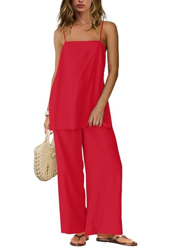 SENSERISE Linen Sets for Women 2 Piece Set Summer Beach Vacation Outfits Spaghetti Strap Tank Top... | Amazon (US)