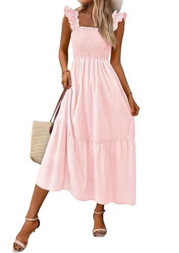 PRETTYGARDEN Womens Summer Dress Casual Square Neck Ruffle Strap Striped Smocked Midi Flowy A Line Beach Vacation Sun Dresses(Striped Pink, L) | Amazon (US)