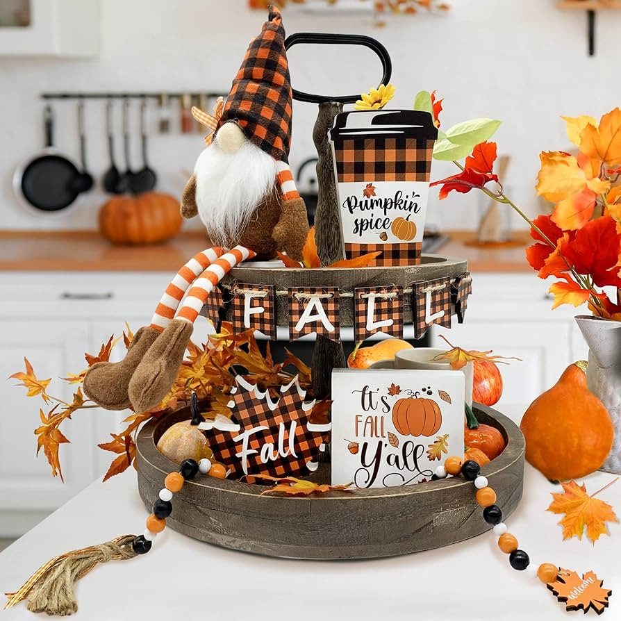 Fall Decor - Fall Tiered Tray Decor Bundle 6 PCS - 3 Fall Wooden Signs - Plush Gnome - Wood Beads... | Amazon (US)