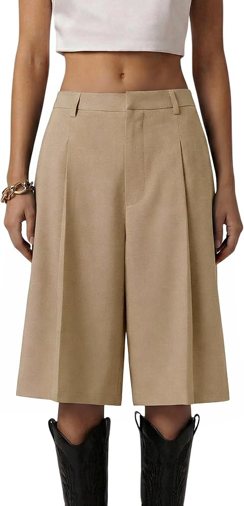 Milumia Women's Dressy Casual Wide Leg Bermuda Shorts Pleated Dress Shorts with Pockets | Amazon (US)