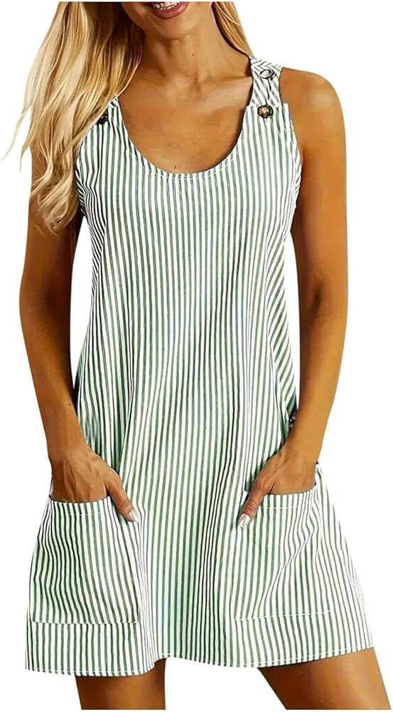 Womens Striped Print Straps Dress Scoop Neck Button Summer Mini Pockets Dresses Boho Beach Tank S... | Amazon (US)
