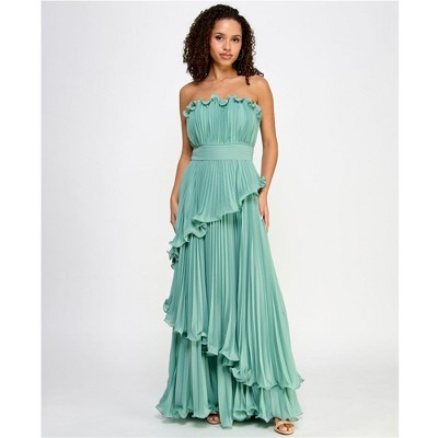 Speechless Womens Juniors Solid Tiered Strapless Ruffled Pleated Gown Dress, green, 15 | Target